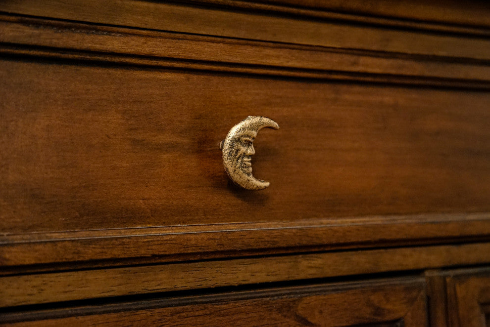 Set of 6 Gold Cast Iron Crescent Moon Face Drawer Pulls Decorative Cabinet Knob