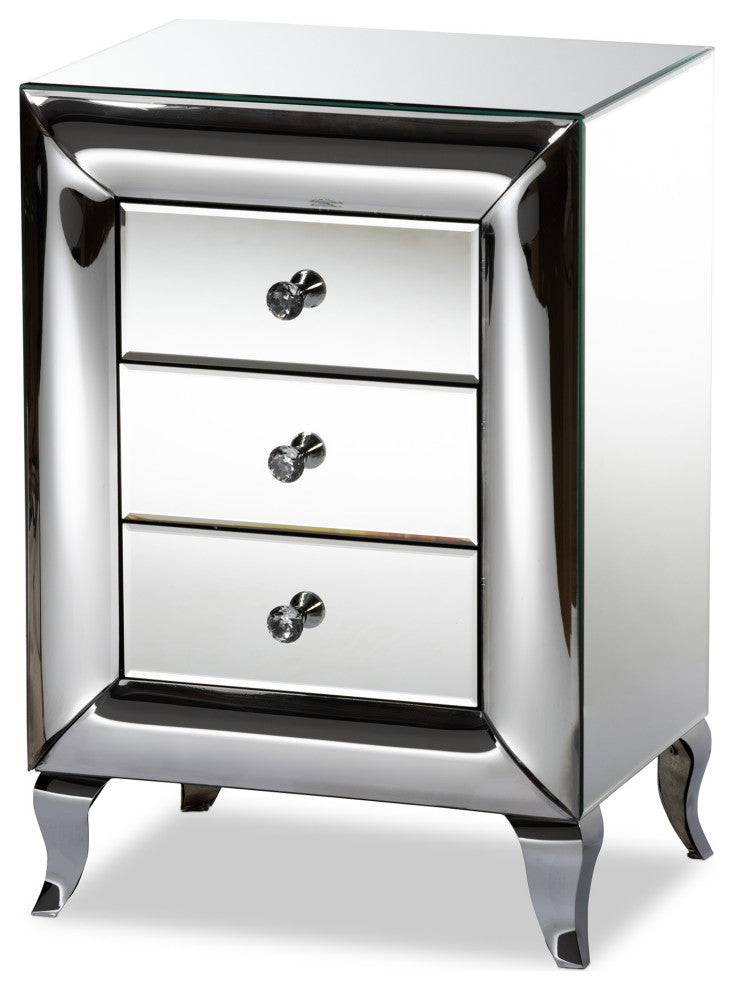 Pauline Contemporary Glam and Luxe Mirrored 3-Drawer Nightstand
