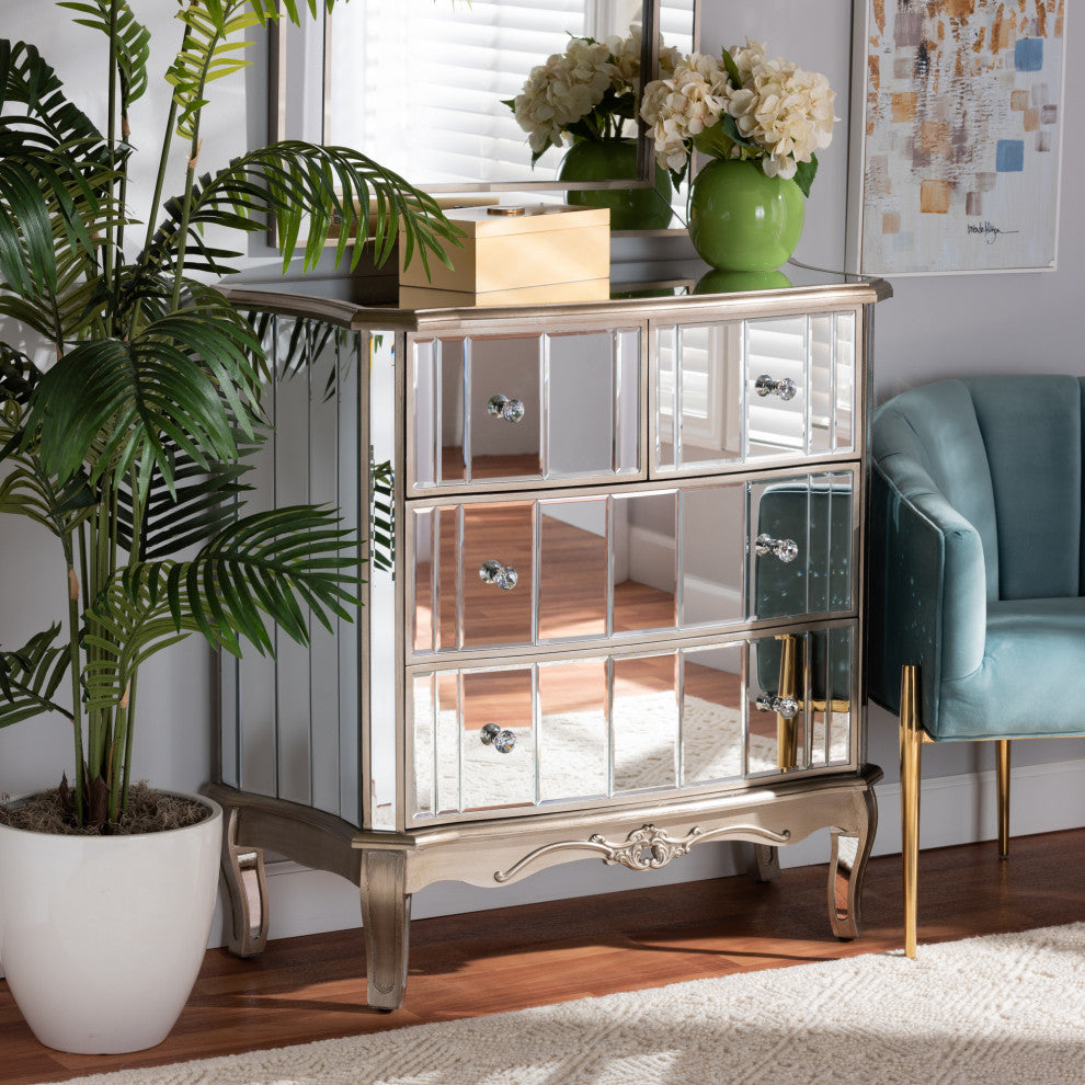 Elgin Brushed Silver Finished Wood and Mirrored Glass 4-Drawer Cabinet