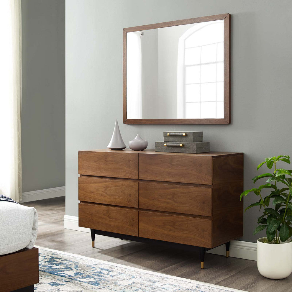 Dresser Drawer Chest Mirror Set, Wood, Brown Walnut, Modern Living Room