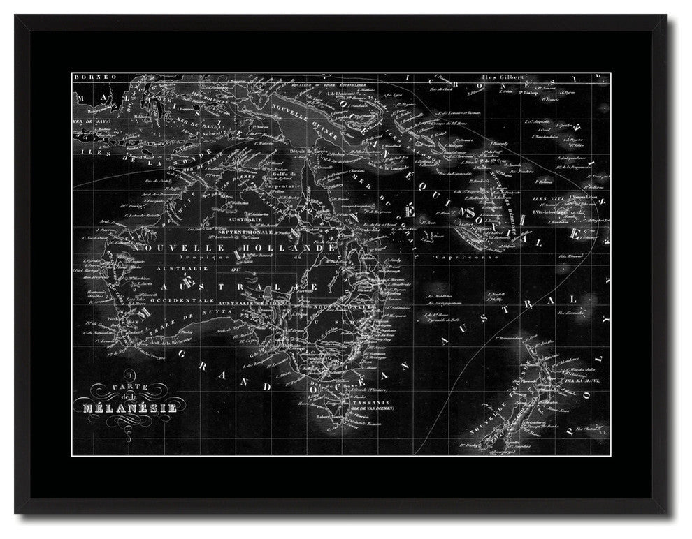 New Zealand Oceania Australia Monochrome Map On Canvas With Frame, 28" X 37"