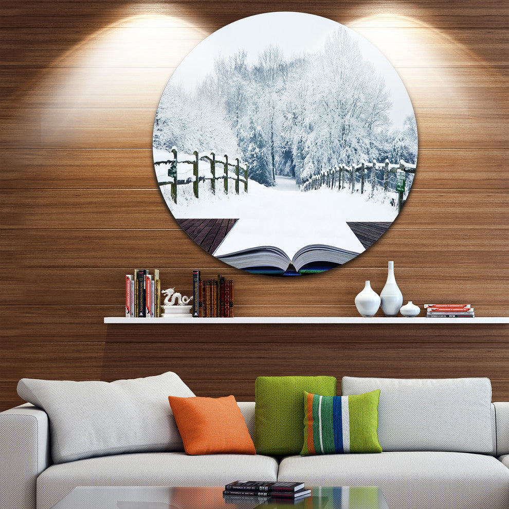 Winter Wonderland, Landscape Contemporary Large Disc Metal Artwork, 36"