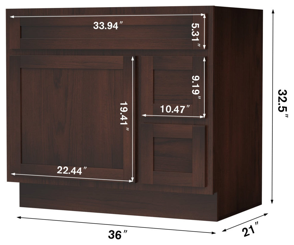 Vanity Art Vanity Base Cabinet, No Top, Drawers on Right, 36", Brown