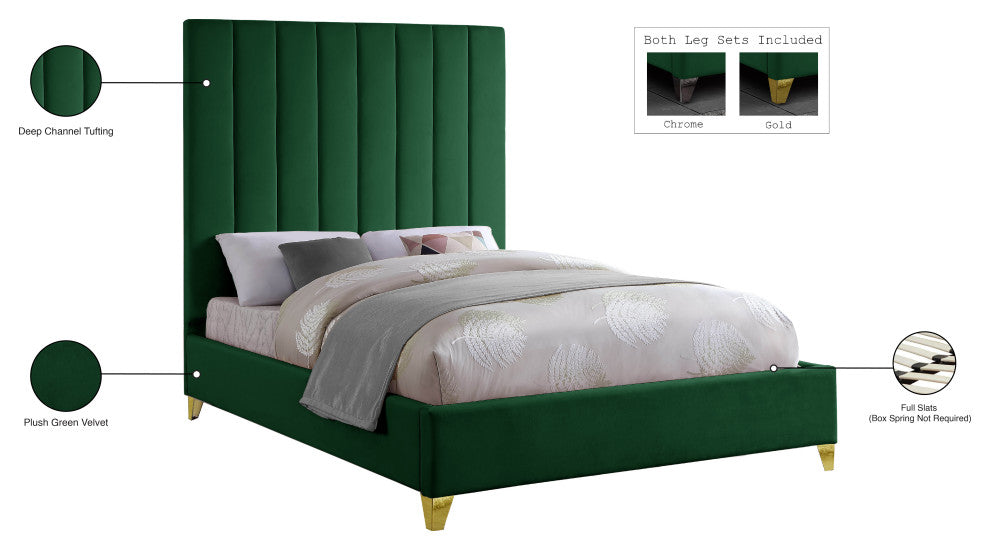 Via Velvet Upholstered Bed, Green, Queen