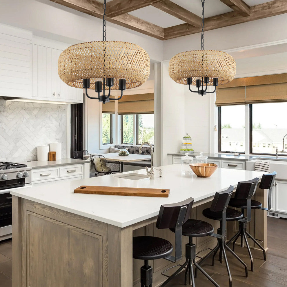 Farmhouse 4-Light Hand-Woven Natural Bamboo Pendant Light