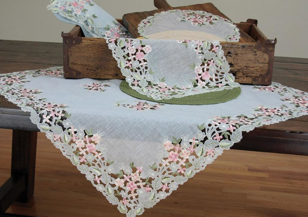 Fairy Garden Sheer Embroidered Cutwork 36"x36" Table Topper