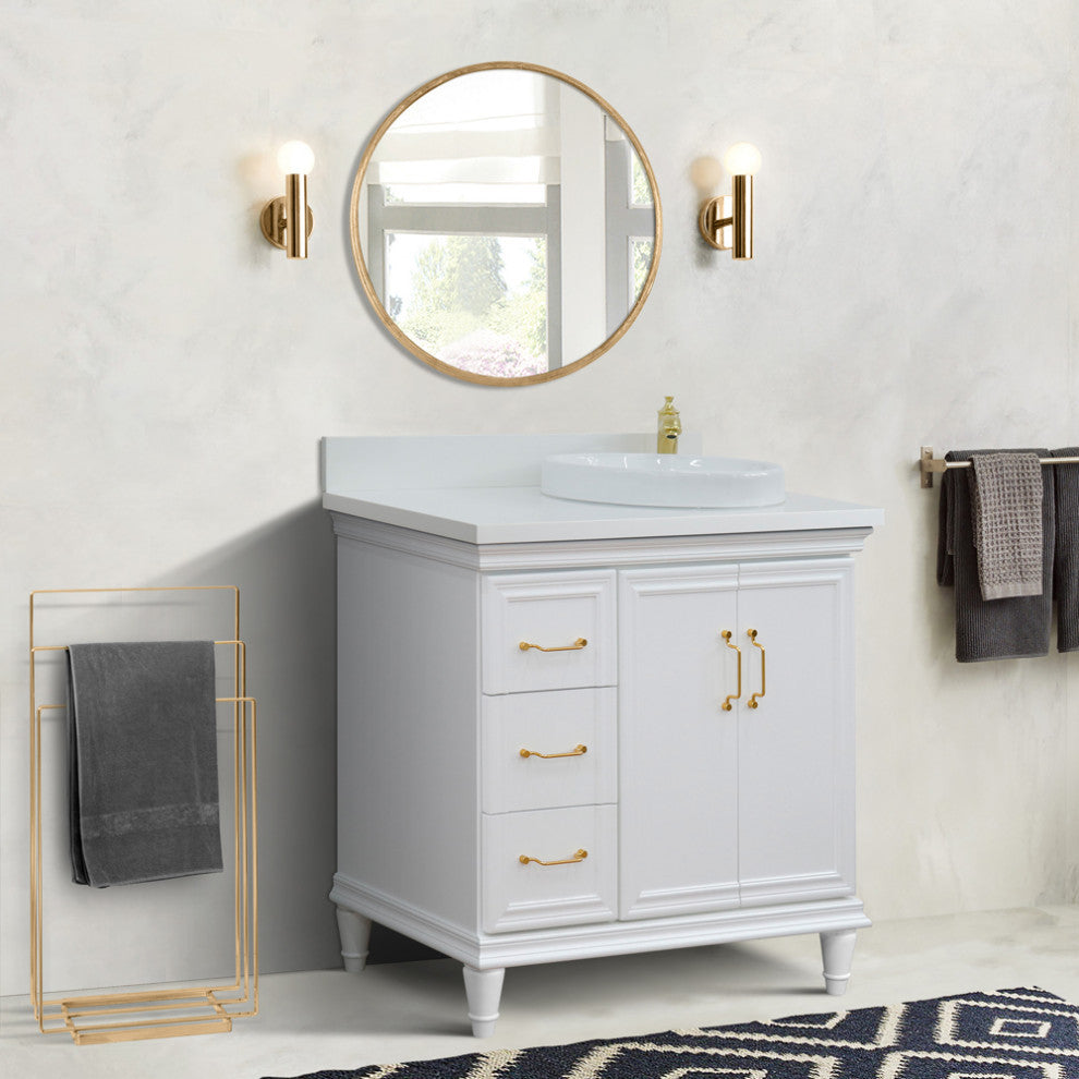 37" Single Vanity, White Finish With White Engineered Stone Top