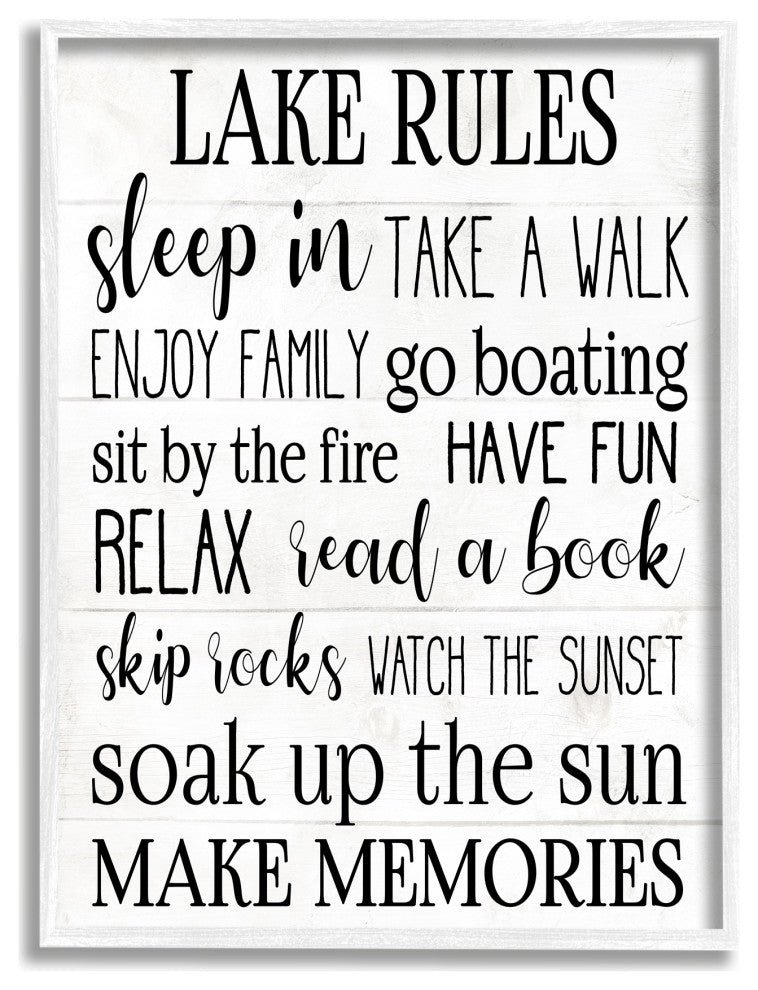 Motivational Lake Rules Sign Text Styles Black White, 16 x 20
