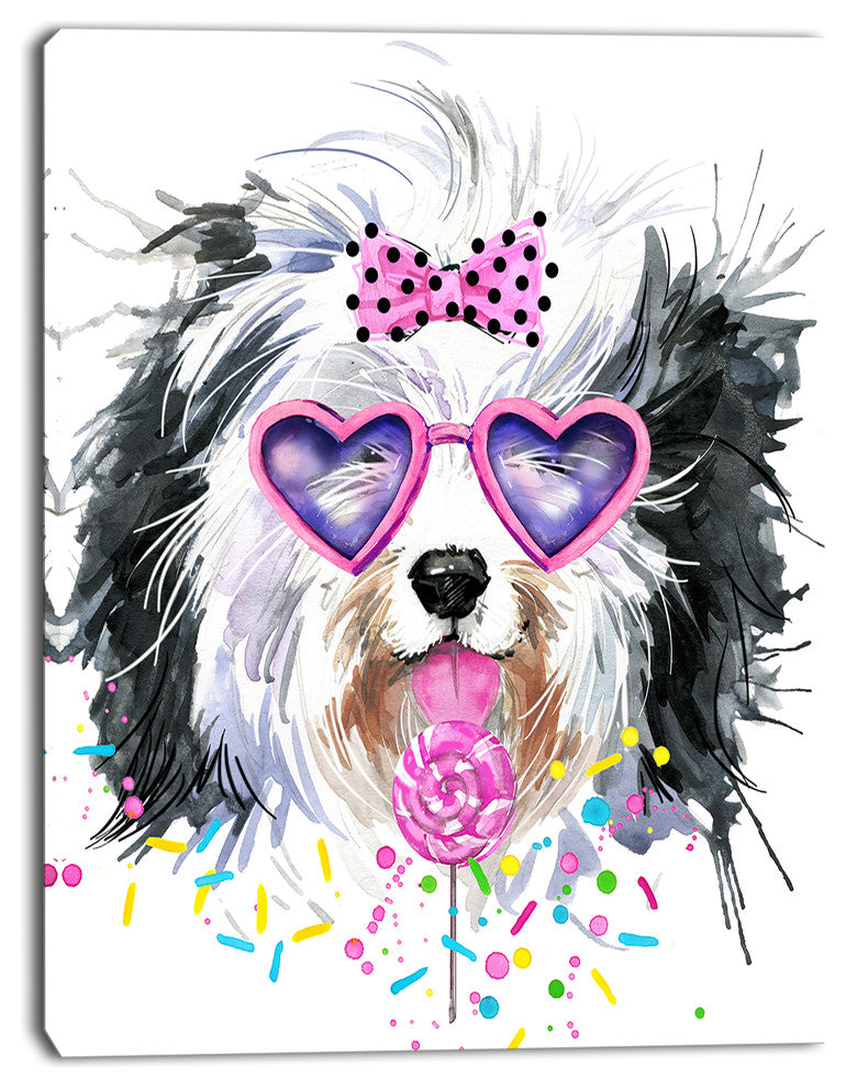 Lovely Dog with Pink Heart Glasses, Contemporary Animal Art Canvas, 30"x40"