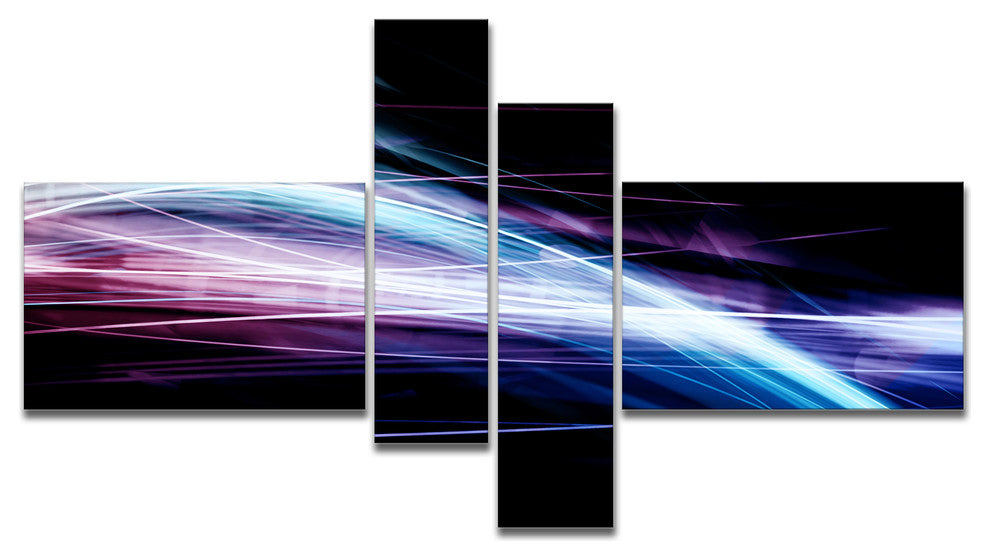 Purple Blue Lines in Black, Abstract Canvas art print, 60"x32", 4 panels