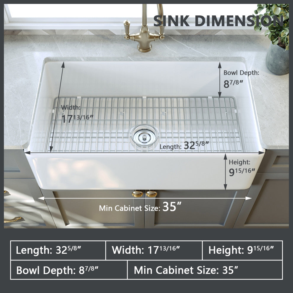 Grove 33"L x 18"W Farmhouse Sink Fireclay White Kitchen Sink