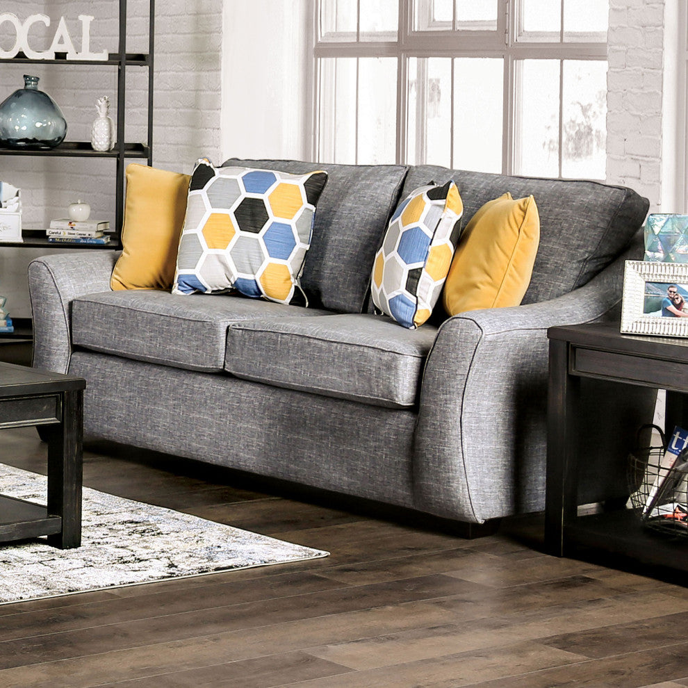 Fabric Upholstered Loveseat WIth Curved Shelter Arms, Light Gray