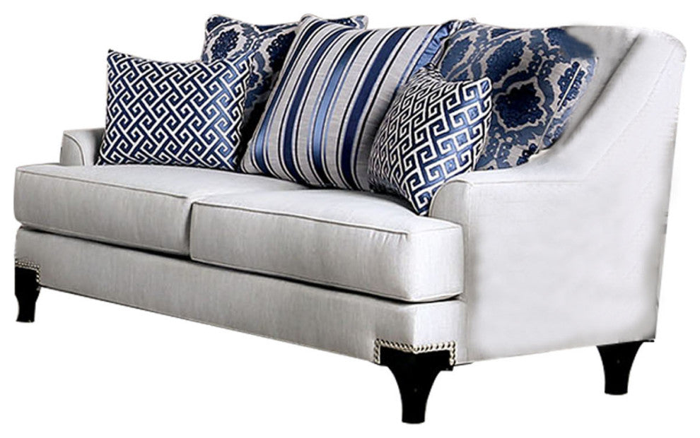 Chenille And Wooden Love Seat with Sloped Arms Design, Light Gray