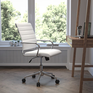 Mid-Back Armless LeatherSoft Ribbed Swivel Office Chair, White