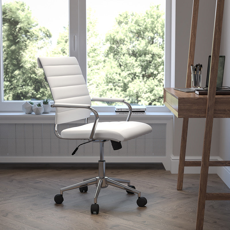 Mid-Back Armless LeatherSoft Ribbed Swivel Office Chair, White