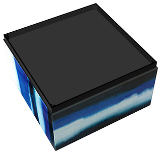 "Blue Run Off I" Reverse Printed Art Glass Cocktail Table with Black Plinth Base