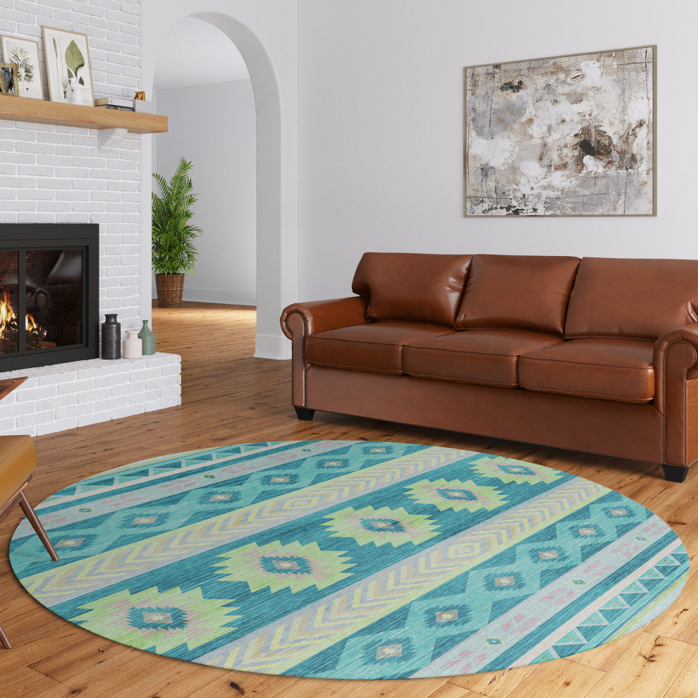 Indoor/Outdoor Phoenix PH3 Teal Machine Washable 8' x 8' Round Rug