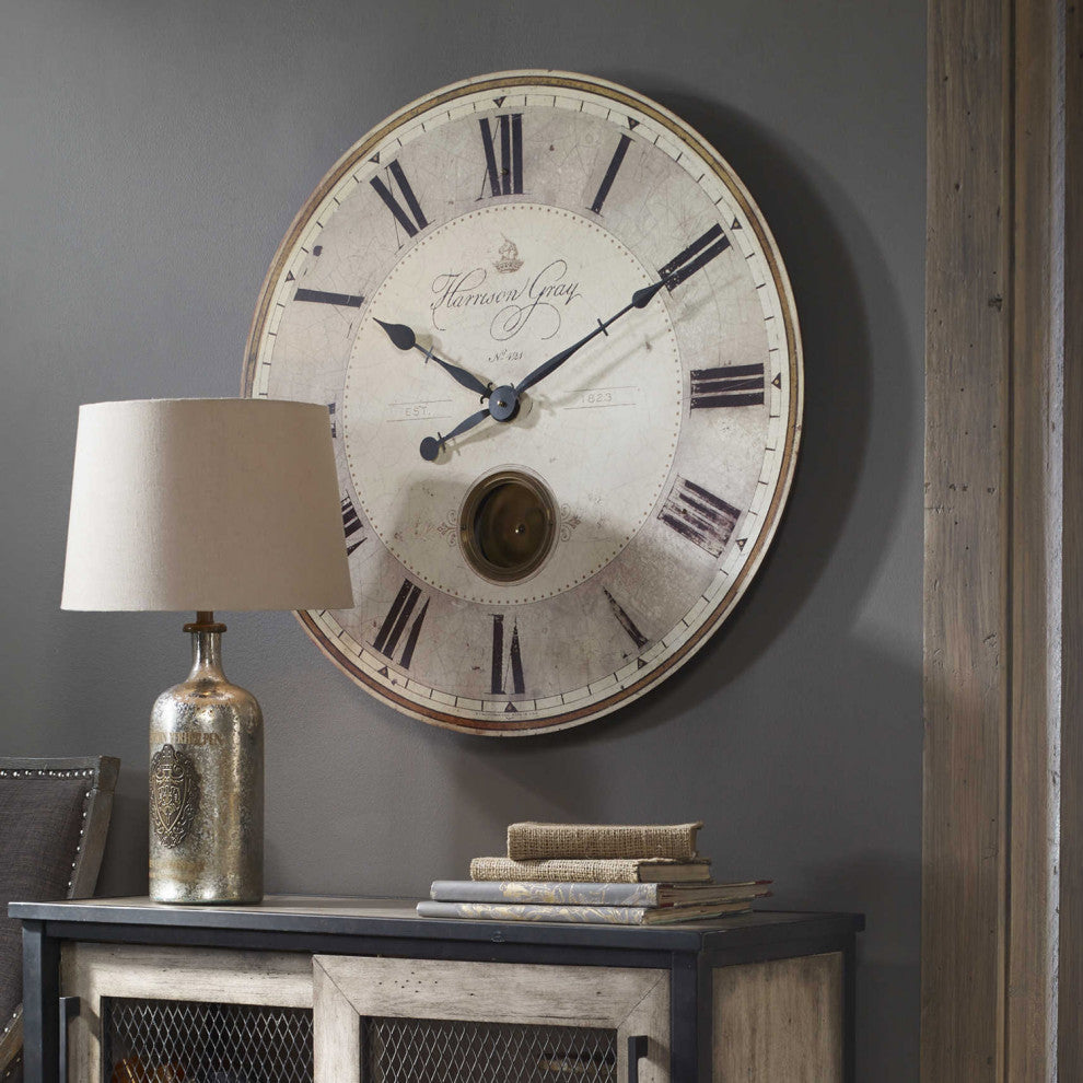 Uttermost 06033 Harrison Gray 30" Round Vintage Wall Clock - Brass