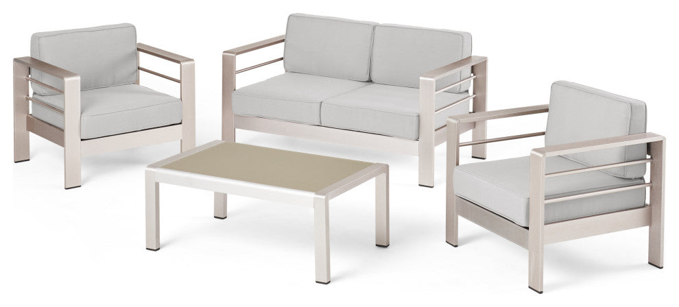 Crested Bay Outdoor Aluminum 4 Seater Chat Set with Sunbrella Cushions, Cast Sil