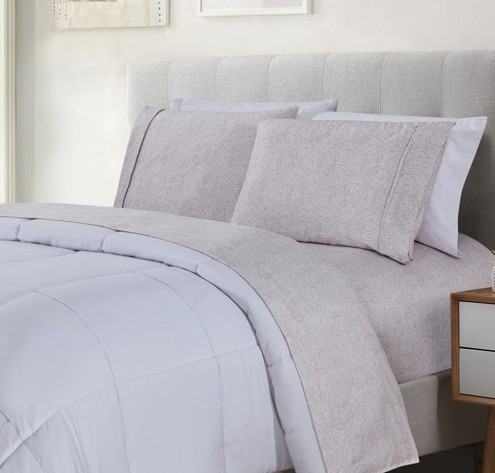 Bibb Home 4 Piece Printed Microfiber Sheet Set, Mini Paisley, King