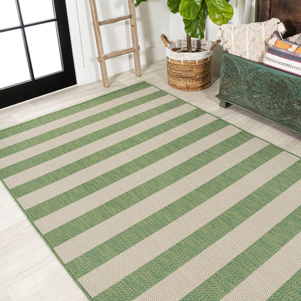Negril Two-Tone Wide Stripe Indoor/Outdoor Area Rug, Green/Cream, 8x10