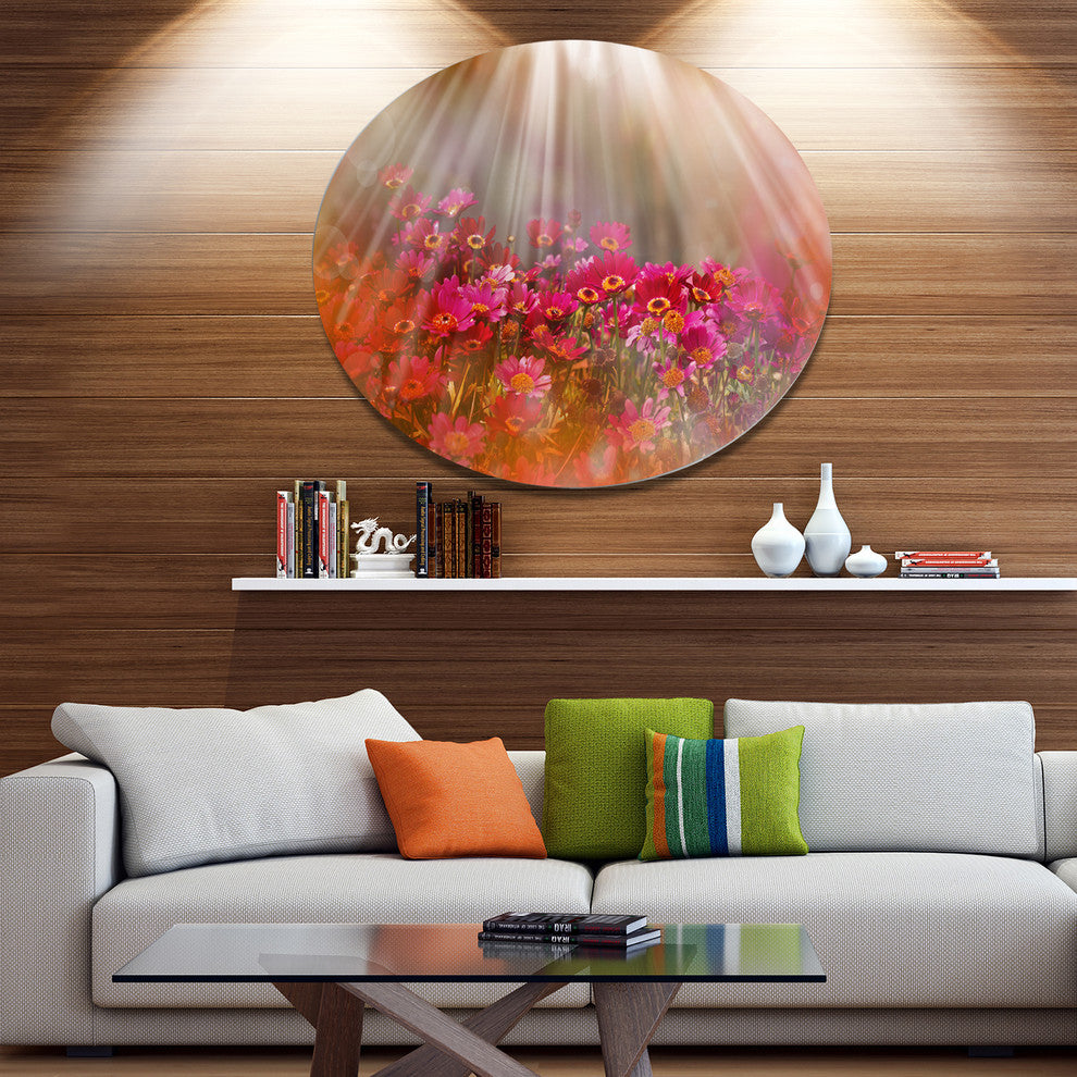 Sunlight Over Small Red Flowers, Floral Round Wall Art, 11"