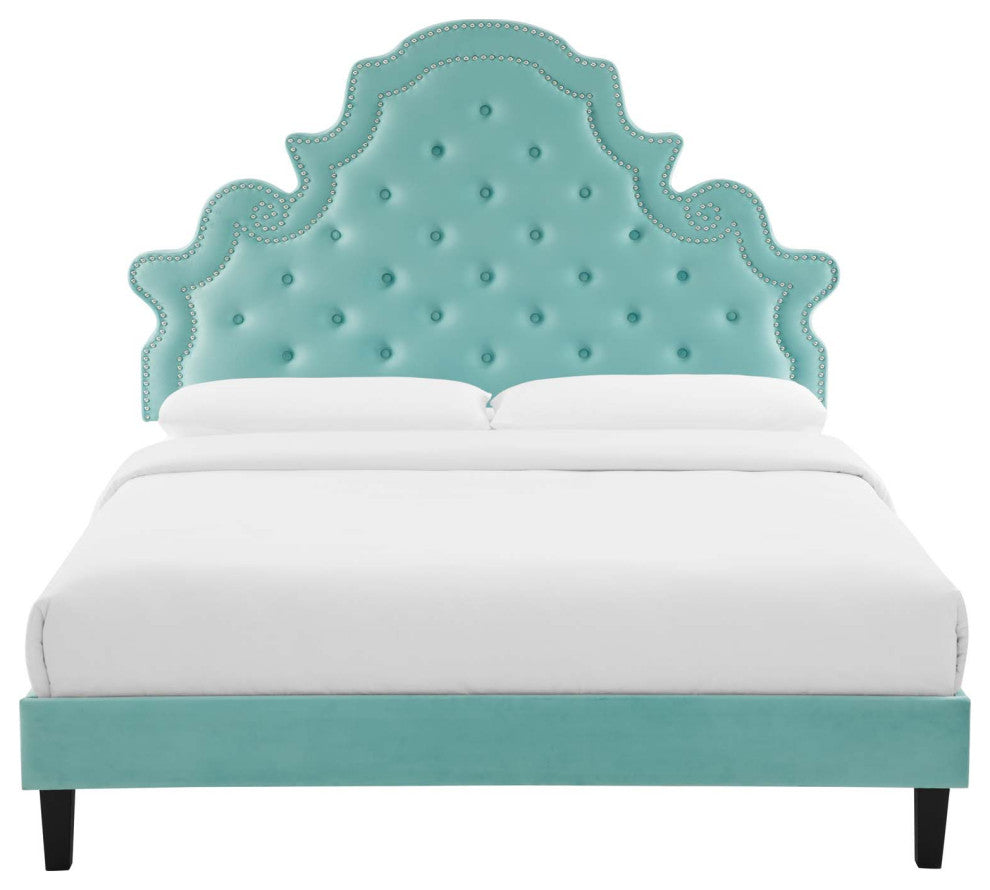 Tufted Platform Bed Frame, Queen Size, Velvet, Blue, Modern Contemporary