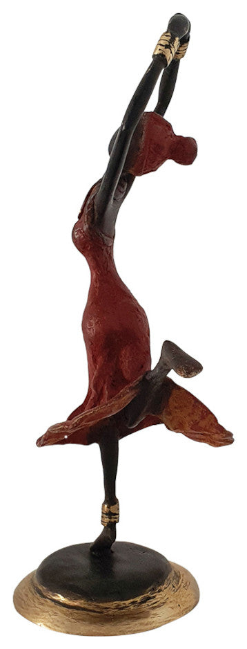 Vintage Hand Cast Bronze Statue of a Dancing African Woman, Red Dress