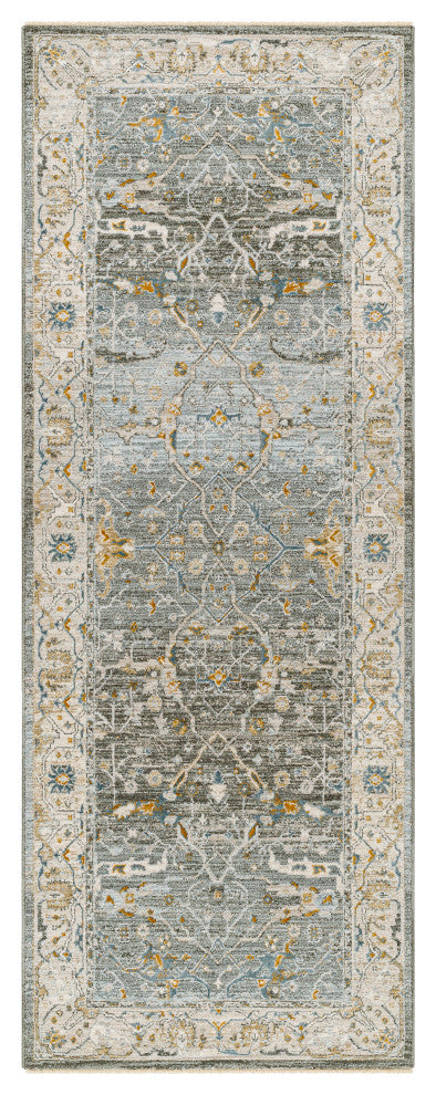 Surya Dresden DRE-2309 Machine Woven Area Rug, Dusty Sage, Taupe, Off-White, Light Gray, Deep Teal, 2'7" X 10'