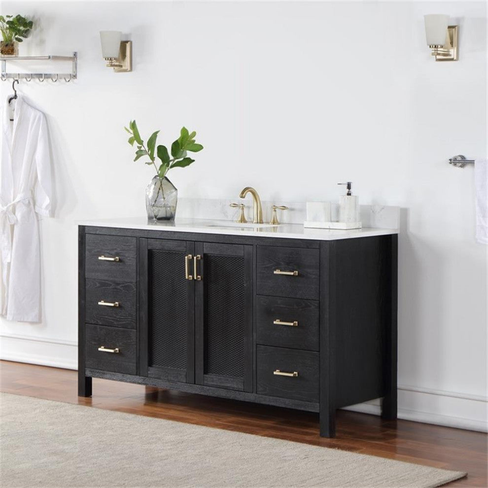 Hadiya 60" Single Bathroom Vanity Set in Black Oak Marble Top without Mirror