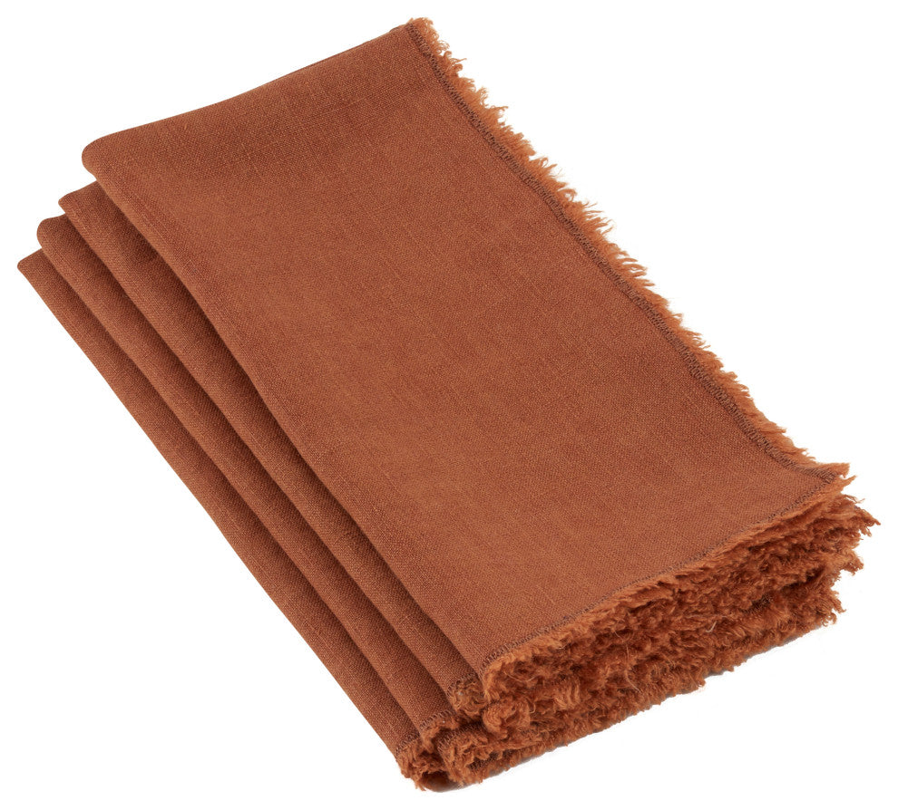 Fringed Design Stone Washed Linen Napkins, Set of 4, Terracotta, 20"