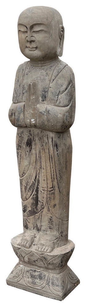 Pair Chinese Stone Carved Standing Zen Garden Monk Lohon Statues Hcs7645