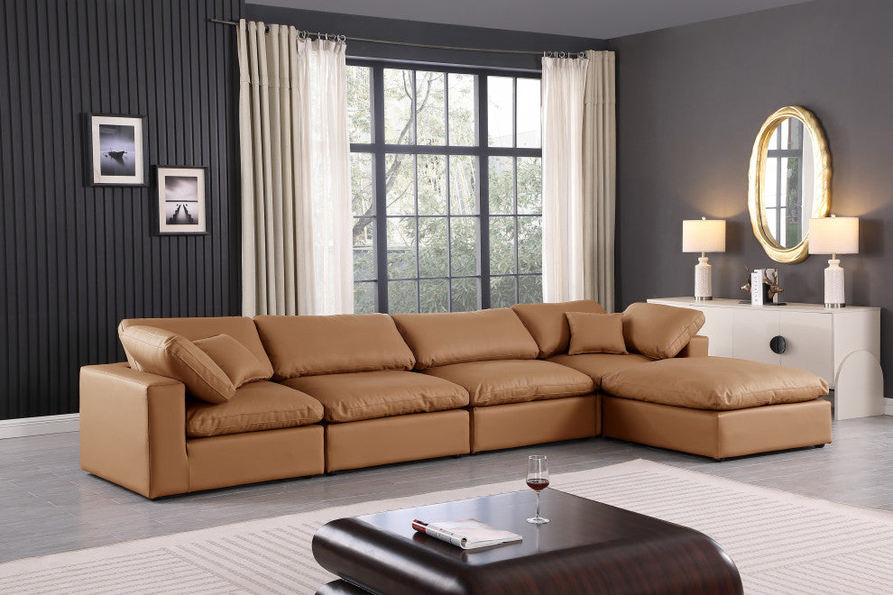 Comfy Upholstered L-Shaped Modular Sectional, Cognac, 5-Piece: 2 Armless Chair, 2 Corner Chair, 1 Ottoman, Vegan Leather
