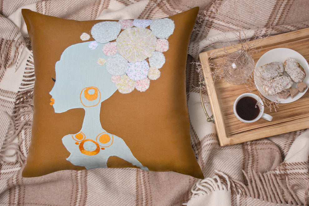 Brown Blue Lady Patchwork Cotton Throw Pillow