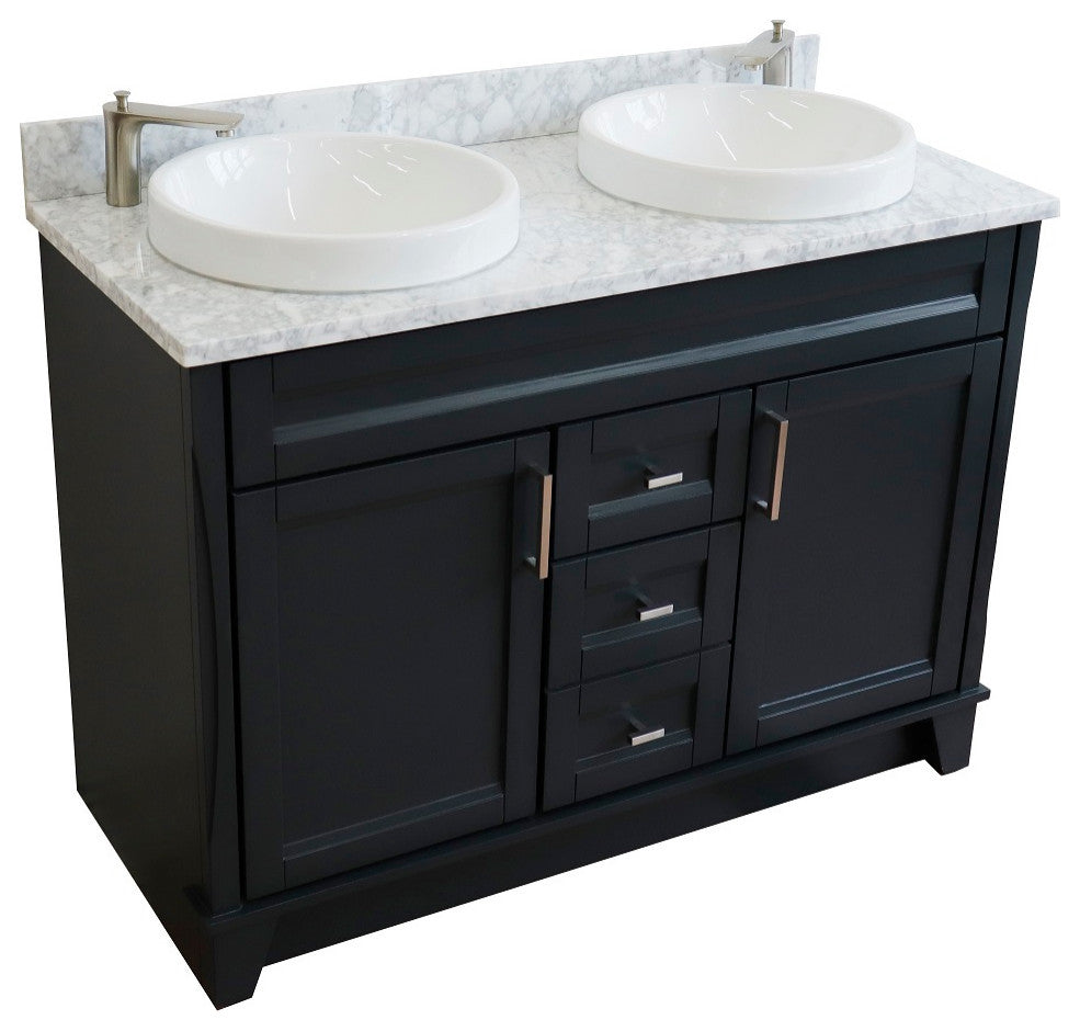 48" Double Sink Vanity, Dark Gray Finish With White Carrara Marble