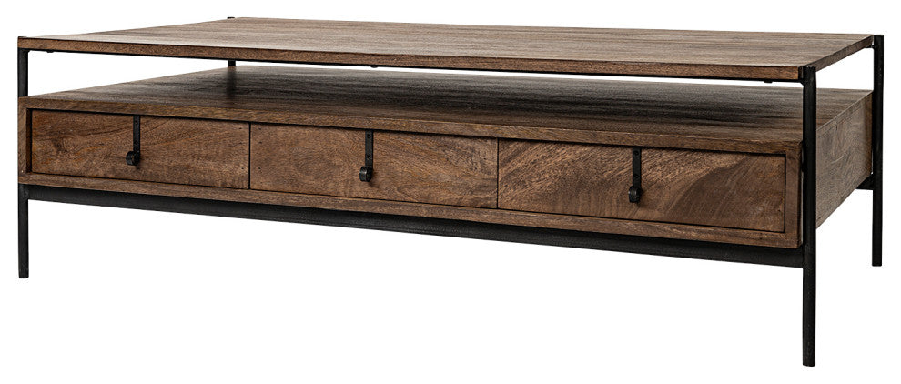 Glenn II 54x30 Brown Solid Wood Black Metal Base With3 Drawers Coffee Table