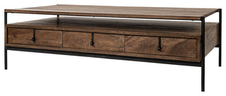 Glenn II 54x30 Brown Solid Wood Black Metal Base With3 Drawers Coffee Table