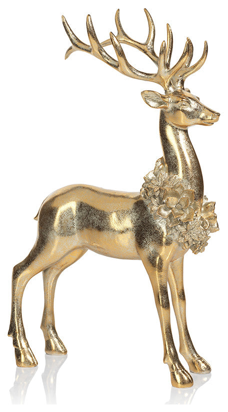 Clara Golden Standing Deer Figurine With Floral Wreath