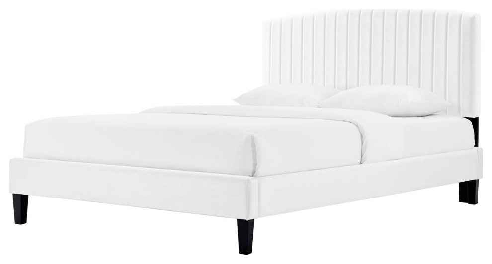 Platform Bed Frame, King Size, White, Velvet, Modern, Bedroom Guest Suite