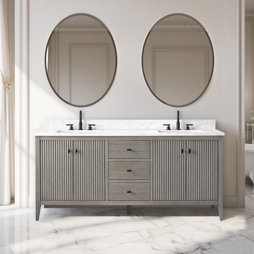 Vanity Art Freestanding Vanity, Driftwood Gray, 72", Double Sink, Matte Black