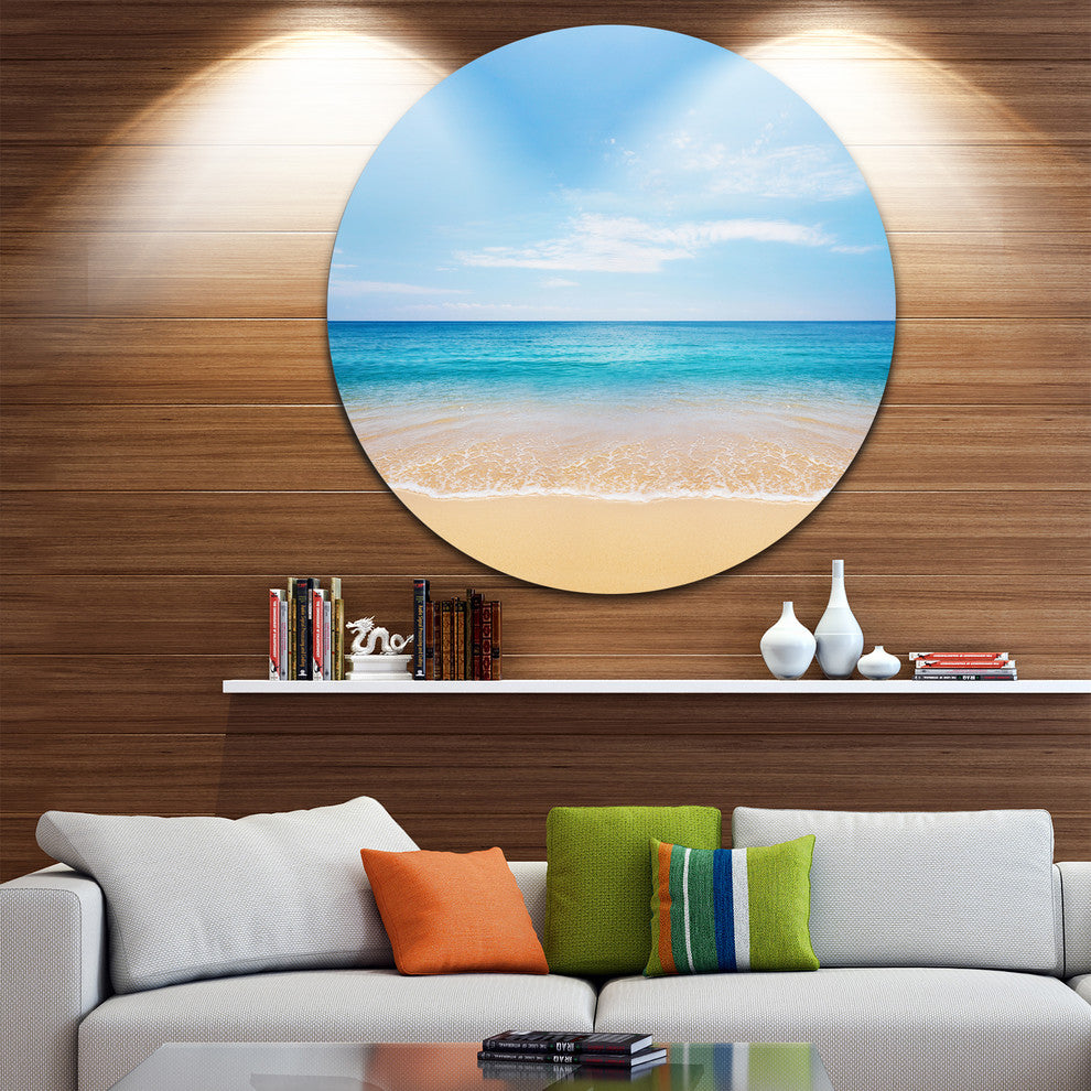 Wide Blue Sky Over Beach, Seashore Photo Large Disc Metal Wall Art, 23"