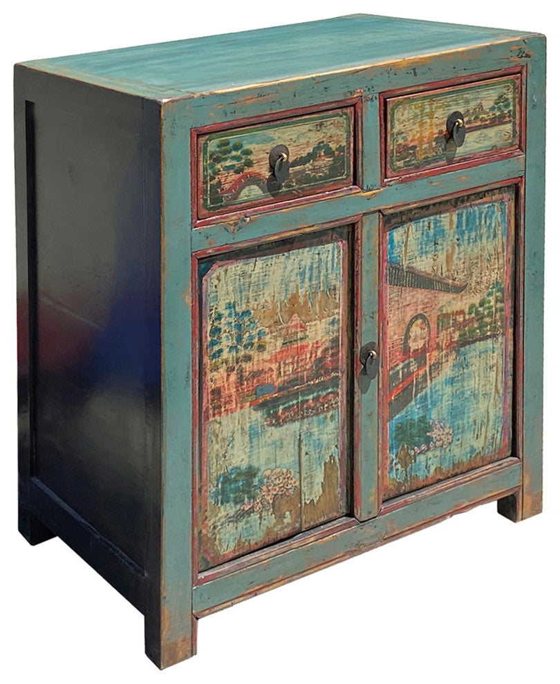 Chinese Distressed Turquoise Blue Old Graphic Credenza Cabinet Hcs7312