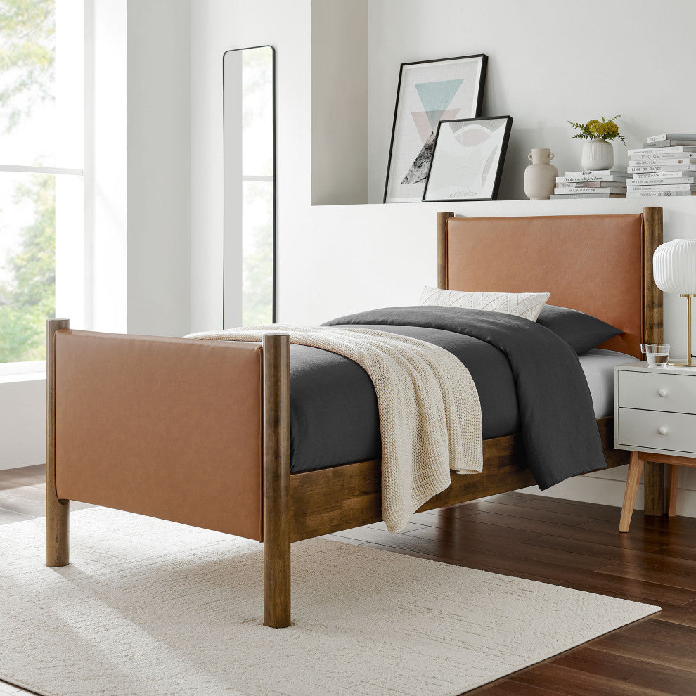 Maven Twin Size Vegan Leather Upholstered Platform Bed, Tan Walnut