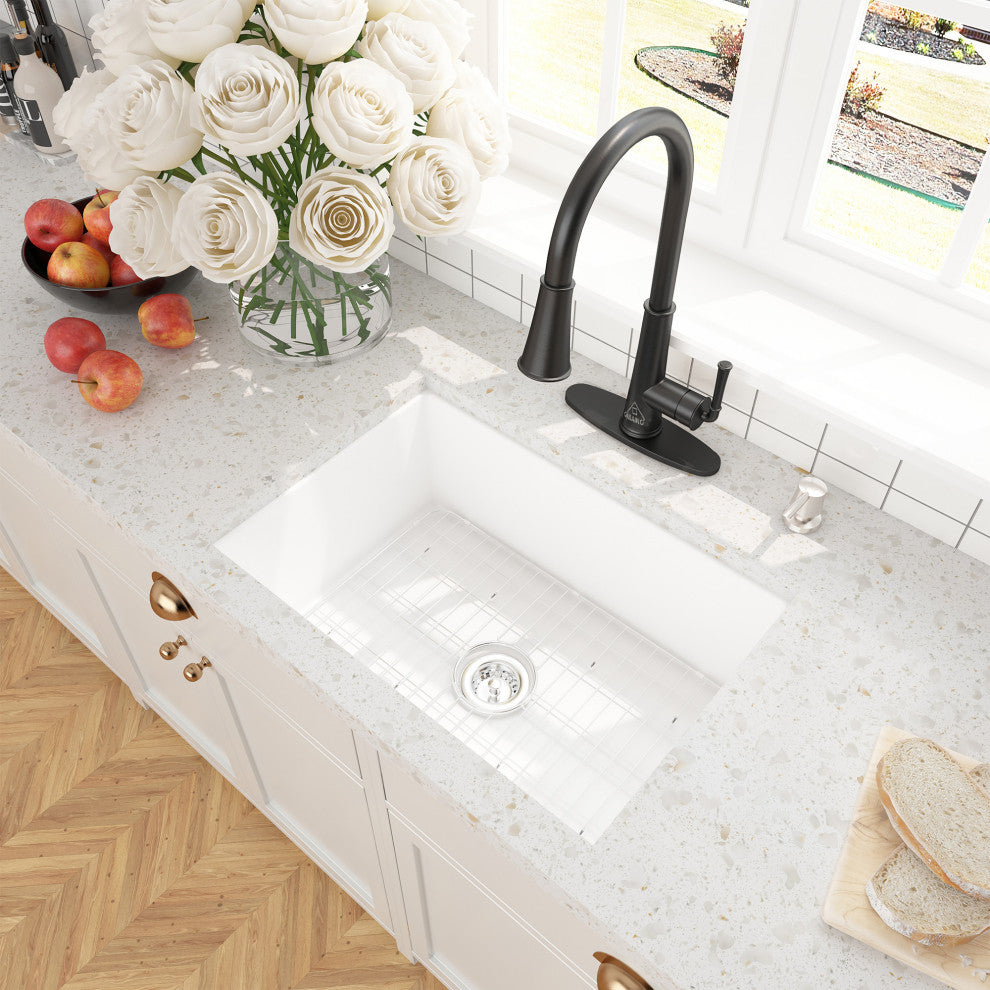 27in Undermount Single Bowl Fireclay Kitchen Sink with Grid and Drainer, Glossy White