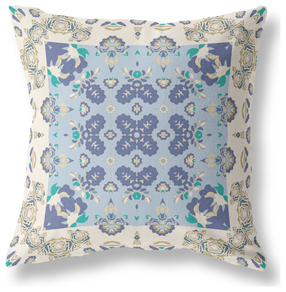 18" White Blue Rose Box Indoor Outdoor Zippered Throw Pillow