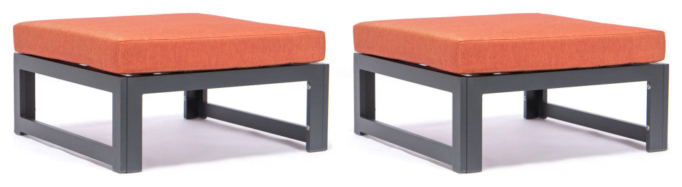 LeisureMod Chelsea Outdoor Black Ottomans With Cushions Set Of 2, Orange