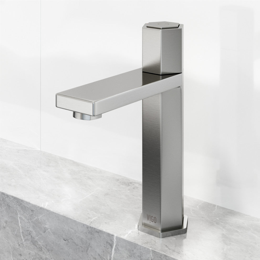 VIGO Nova 8" H Button Operated Single Hole Bathroom Faucet, Brushed Nickel, Without Extras