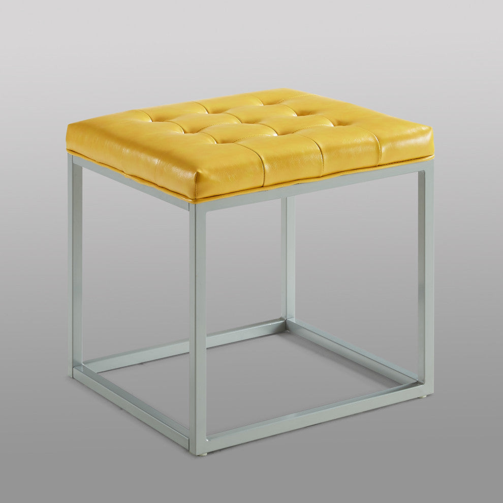 Teresa PU Leather Button Tufted Metal Frame Cube Ottoman, Yellow