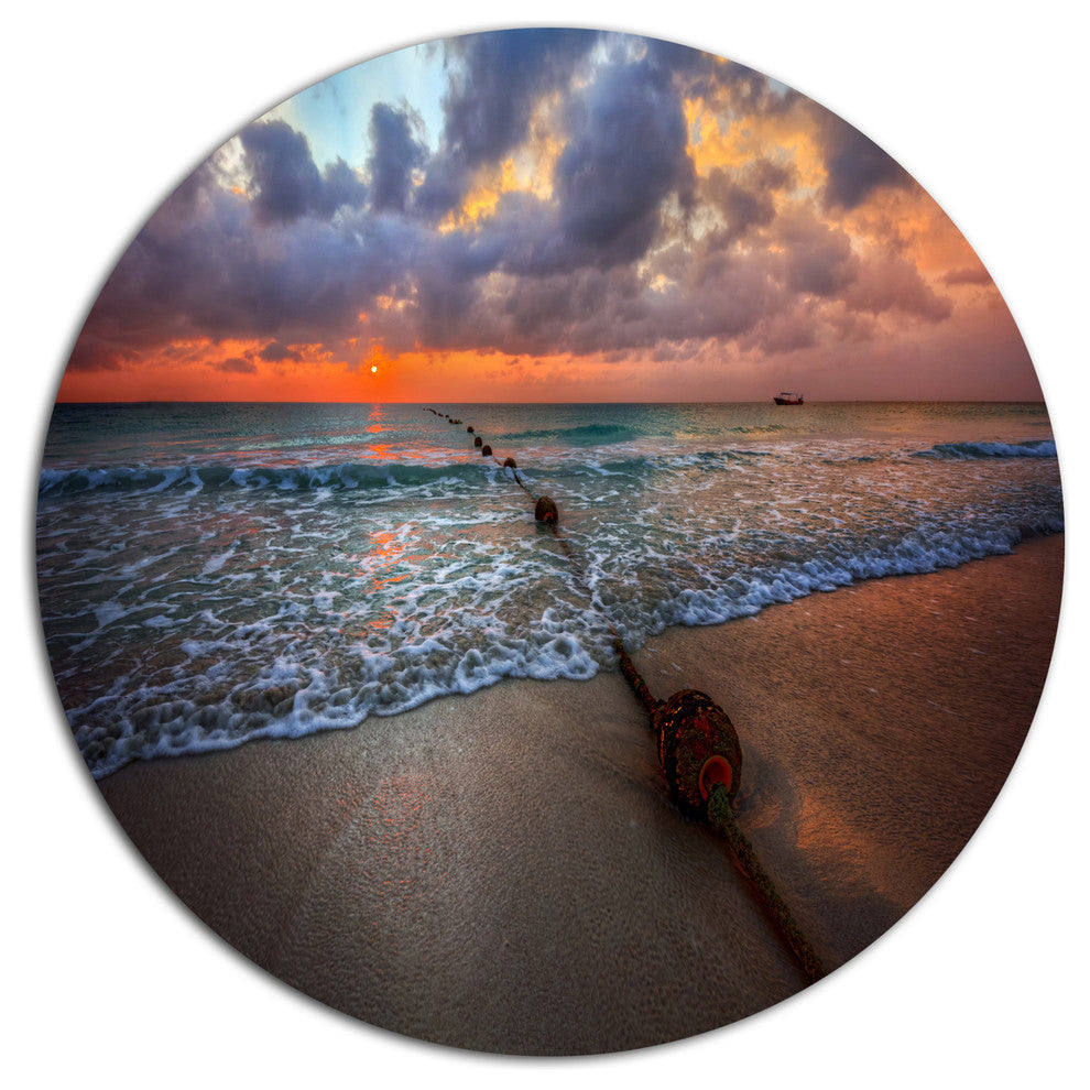 Reddish Sunset Over Clear Beach, Seashore Art Round Wall Art, 11"