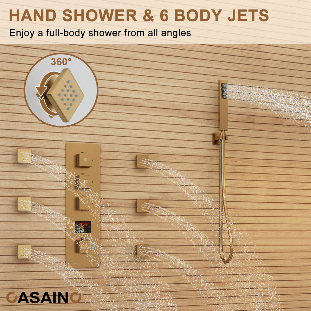 3 Function Digital Display Single Handle Shower System set with Body Spray, Brushed Gold